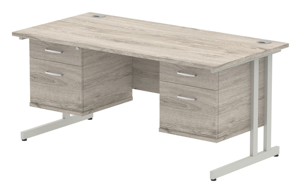 Impulse straight desk with cantilever legs and two fixed pedestals, 1600 x 800, two 2 drawer pedestals, silver frame, grey oak top
