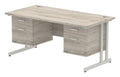 Impulse straight desk with cantilever legs and two fixed pedestals, 1600 x 800, two 2 drawer pedestals, silver frame, grey oak top