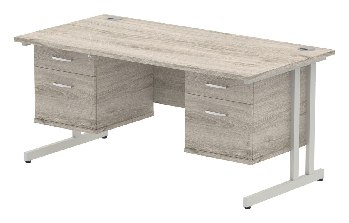 Impulse straight desk with cantilever legs and two fixed pedestals, 1600 x 800, two 2 drawer pedestals, silver frame, grey oak top