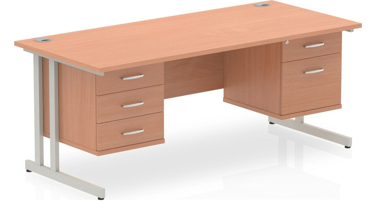Impulse straight desk with cantilever legs and two fixed pedestals, 1600 x 800, a 2 and a 3 drawer pedestal, silver frame, beech top, another view 1
