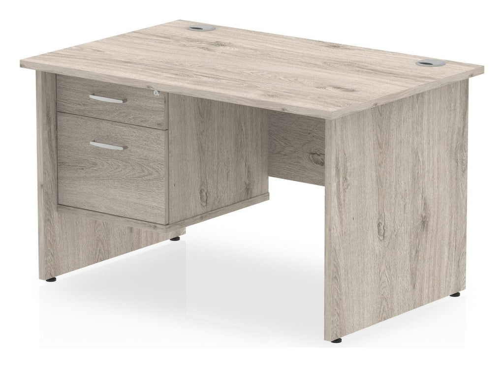 Impulse straight desk with panel legs and fixed pedestal, 1200 x 800, 2 drawer pedestal, matching panel legs, grey oak top