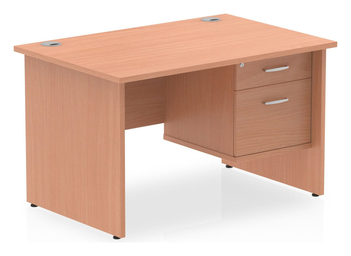 Impulse straight desk with panel legs and fixed pedestal, 1200 x 800, 2 drawer pedestal, matching panel legs, beech top, another view 1