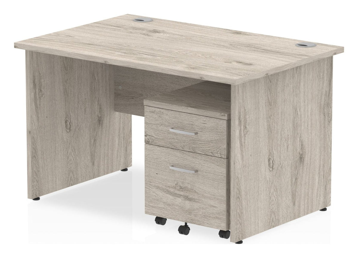 Impulse straight desk with panel legs and mobile pedestal, 1200 x 800, 2 drawers, grey oak top