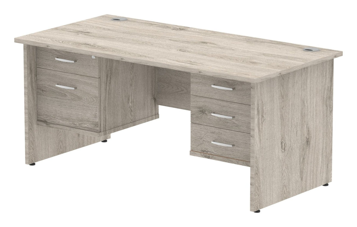 Impulse straight desk with panel legs and two fixed pedestals, 1600 x 800, a 2 and a 3 drawer pedestal, matching panel legs, grey oak top