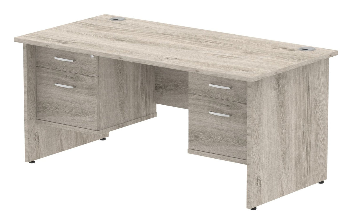 Impulse straight desk with panel legs and two fixed pedestals, 1600 x 800, two 2 drawer pedestals, matching panel legs, grey oak top
