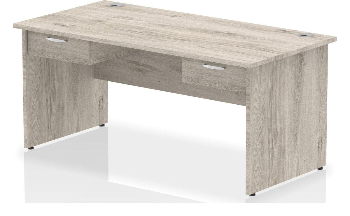 Impulse straight desk with panel legs and two one drawer pedestals, 1600 x 800, matching panel legs, grey oak top