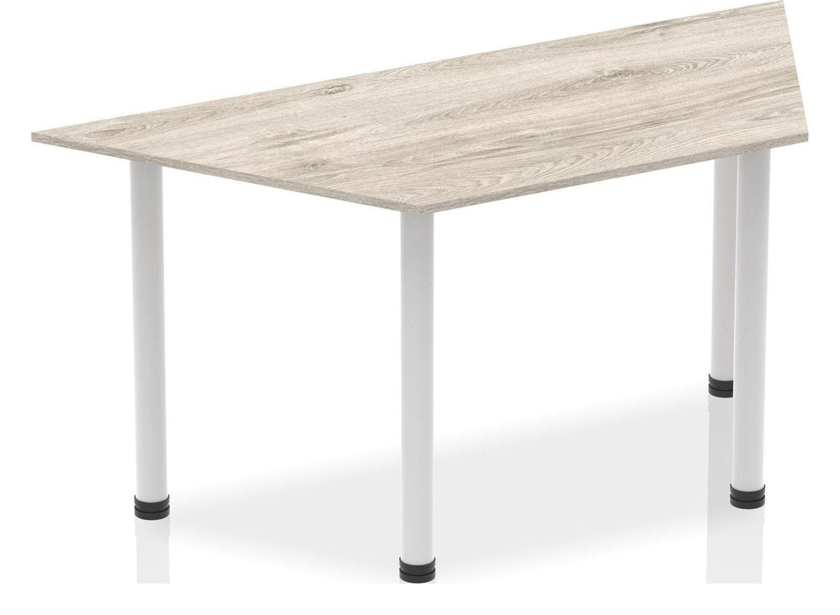 Impulse trapezium meeting table with post legs, 1600 x 695, silver, grey oak top
