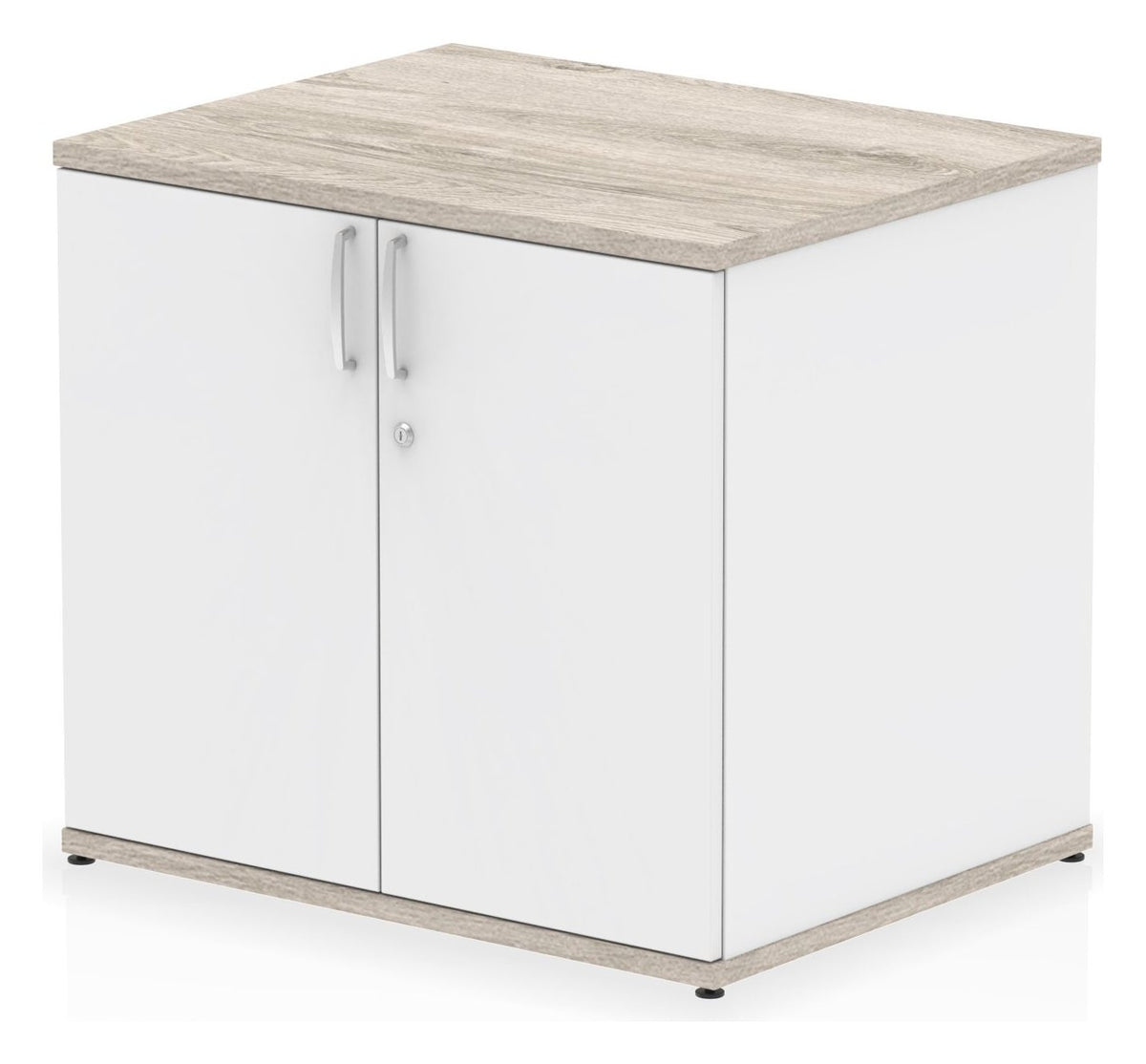 Impulse two-tone desk high cupboard, in grey oak & white