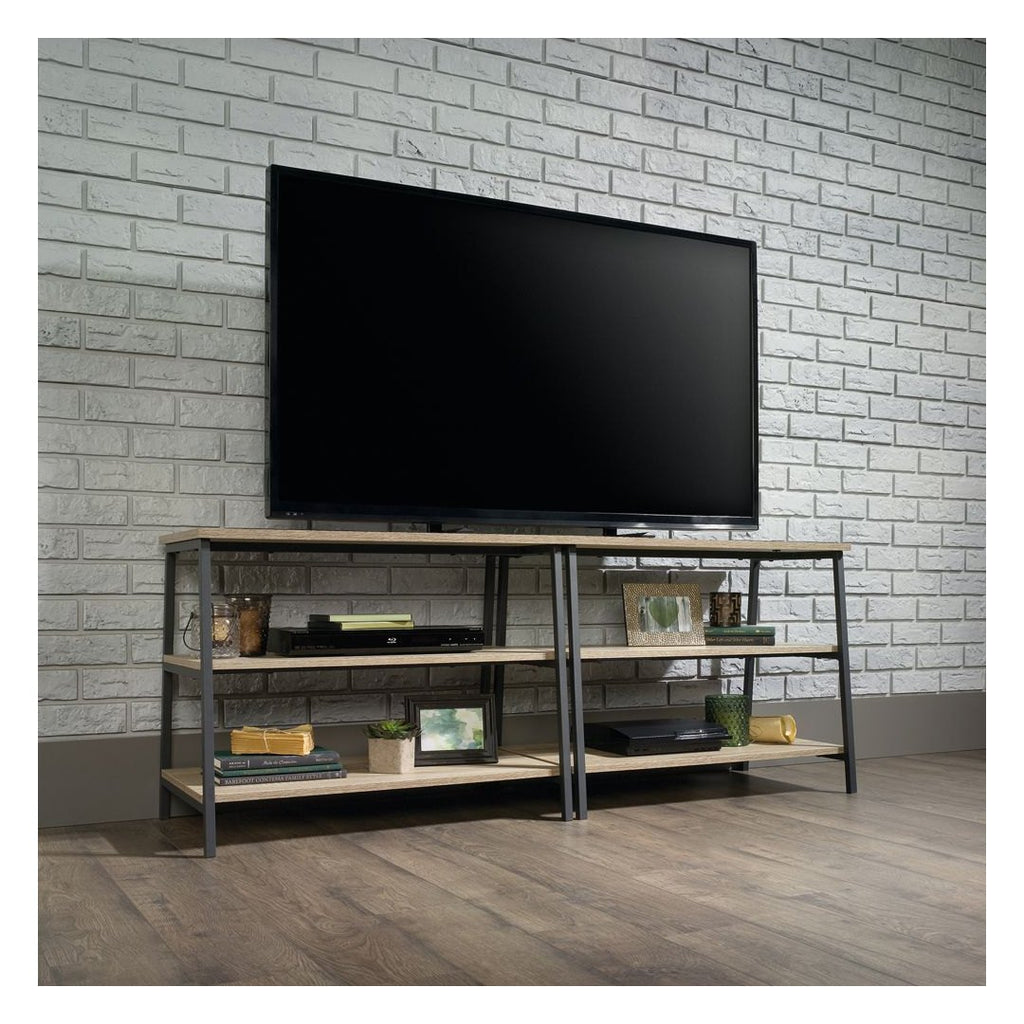 Industrial Style TV Stand and Trestle Shelf in charter oak, view 2