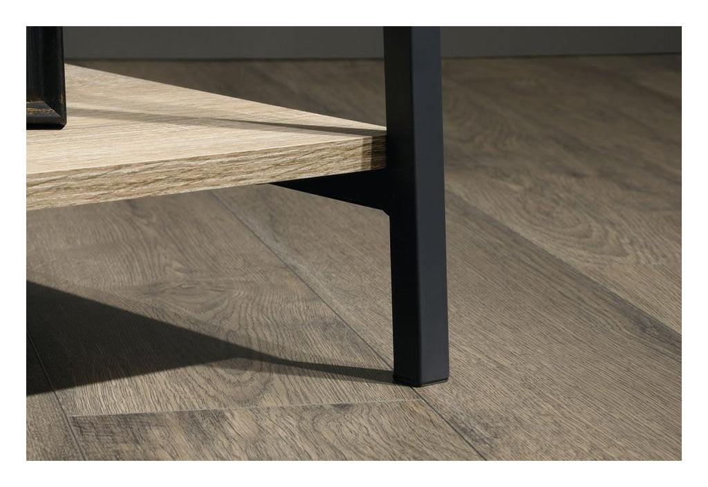 Industrial Style TV Stand and Trestle Shelf in charter oak, view 4