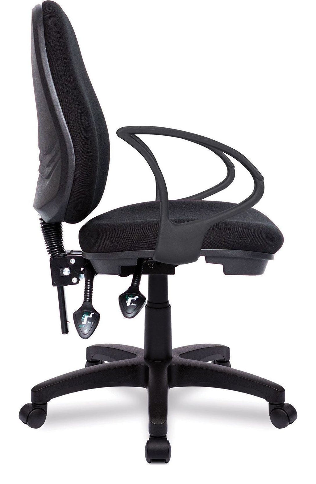Java 300 Medium Back Operator Chair in black, fixed arms, view 2