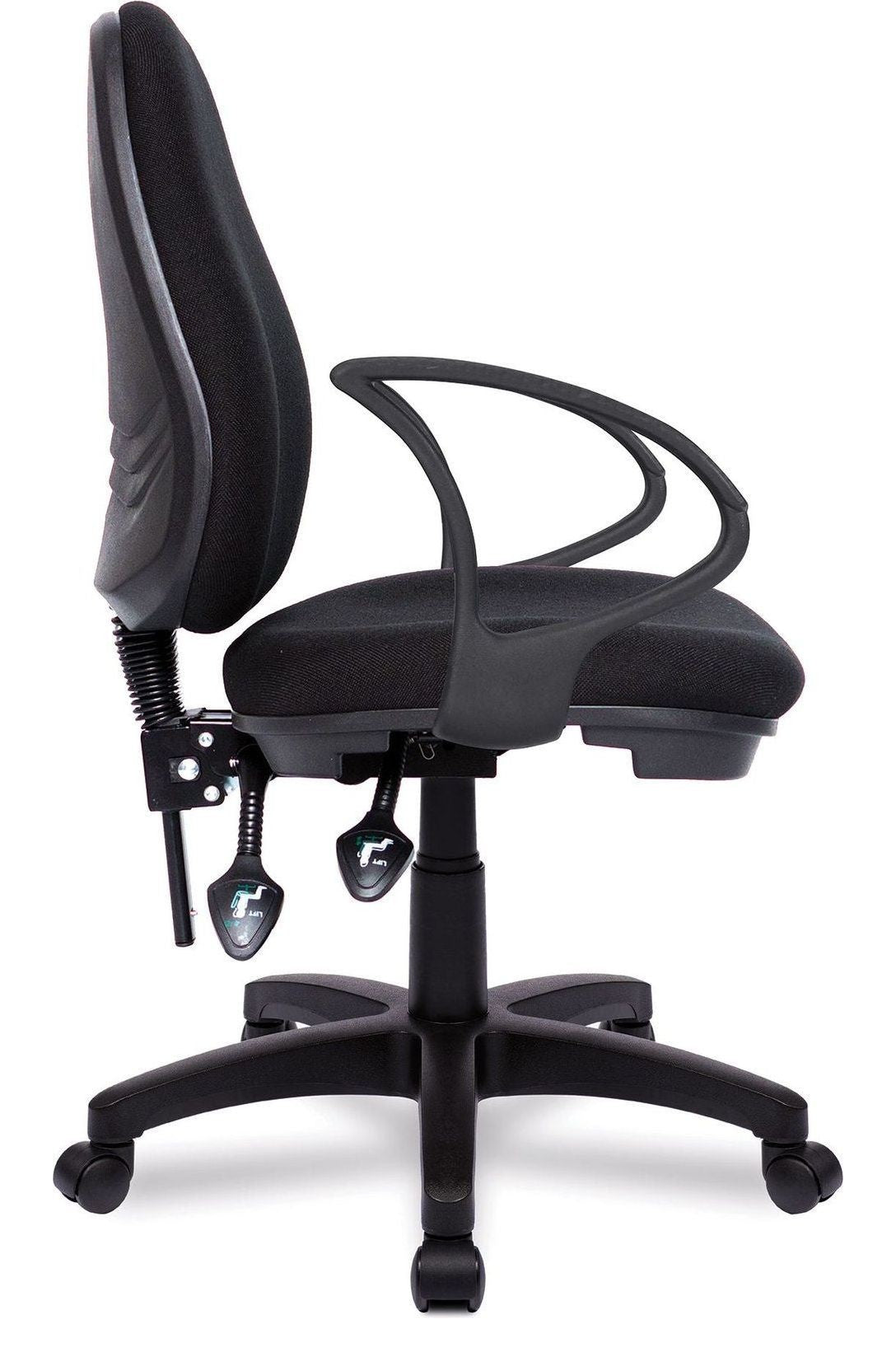 Java 300 Medium Back Operator Chair in black, fixed arms, view 2