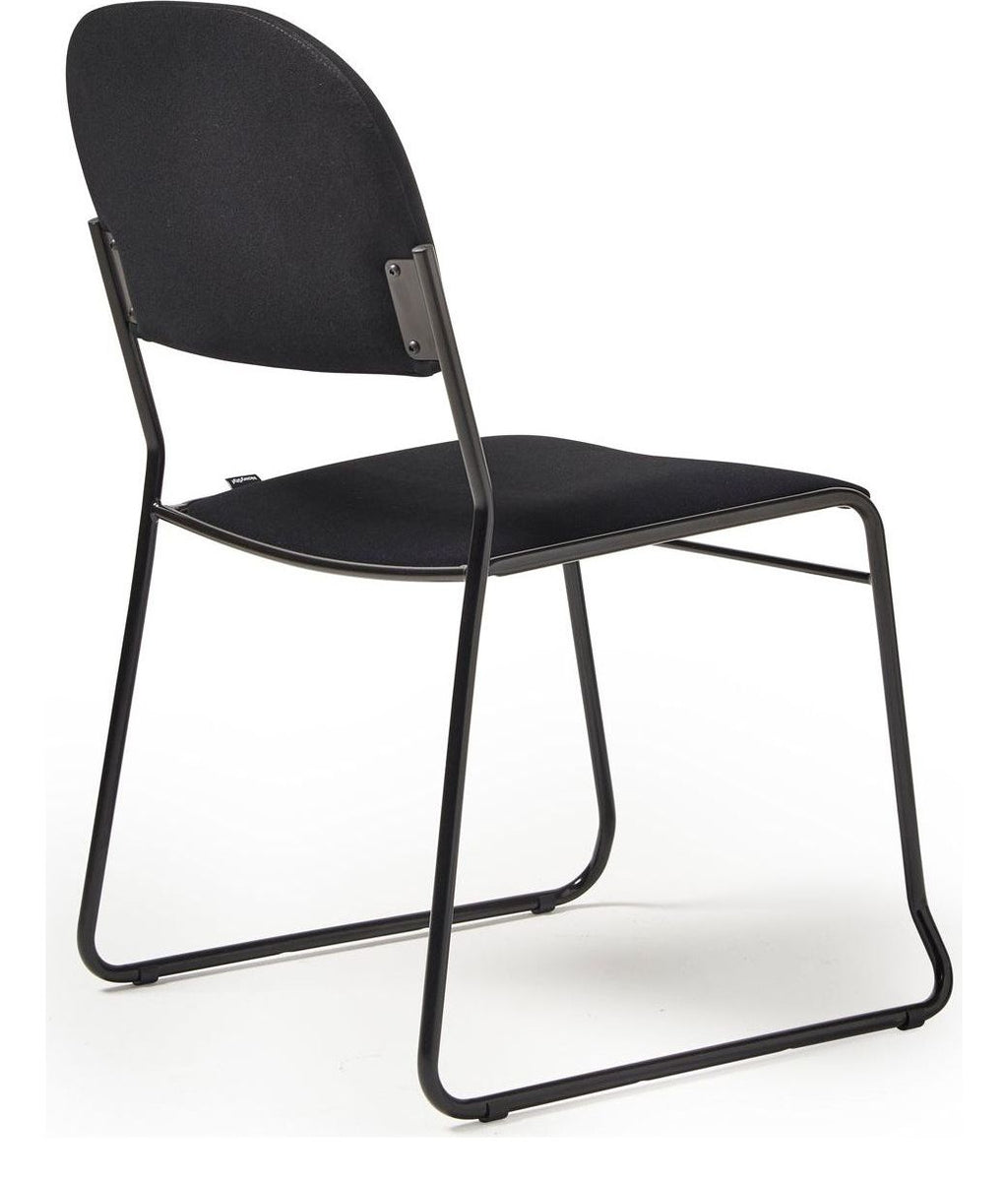 Jive Skid Frame Stacking Chair in black frame, black fabric, no arms from the back