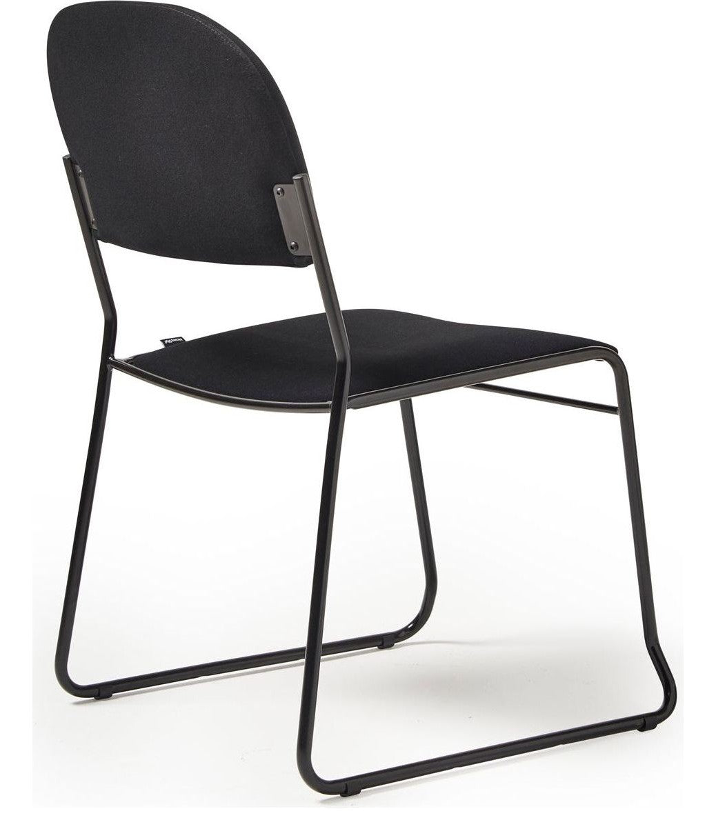 Jive Skid Frame Stacking Chair in black frame, black fabric, no arms from the back