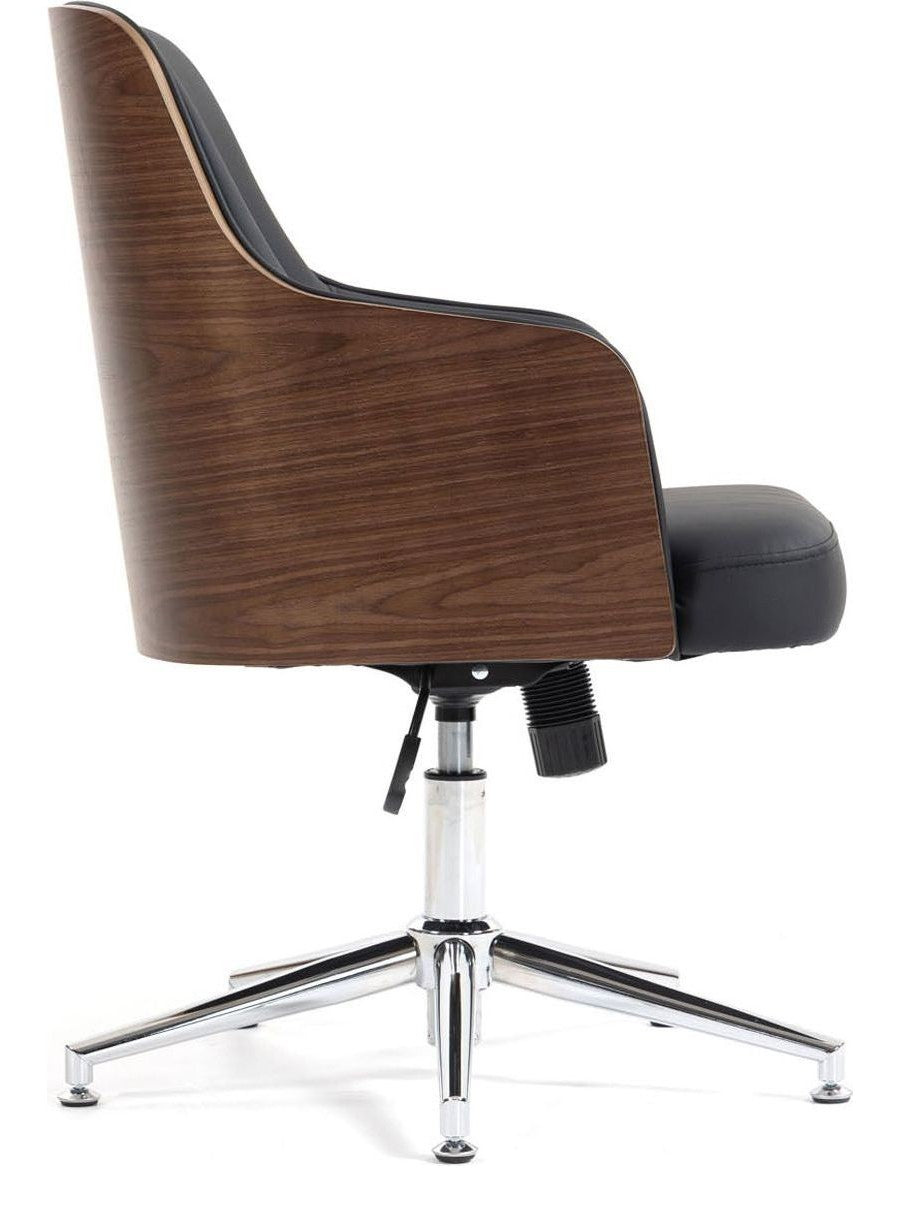 Kyoto Leather Swivel Meeting Chair in black and walnut from the side