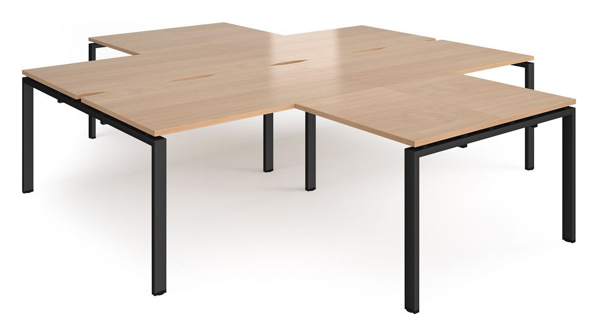 Ledger Adapt Four Desk Cluster with Returns, 2800 x 1600 (4 desks, each 1400 x 800, with returns, 3200 deep overall), black frame, beech top