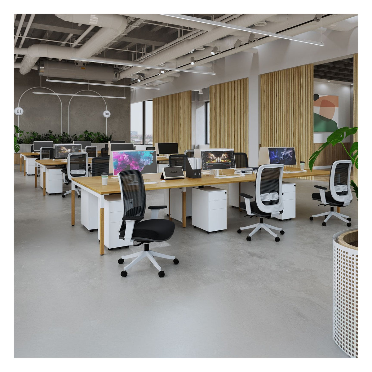 Ledger Connex Plus Wooden Goal Post Triple Back to Back Desk (6 Person), in an office