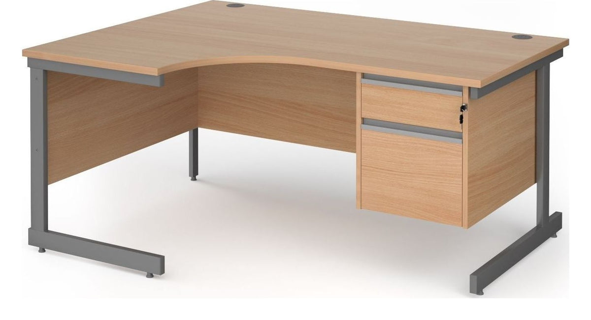 Ledger Contract 25 Cantilever Ergonomic Desk with Two Drawer Pedestal, 1600 x 1200, left hand, graphite frame, beech top