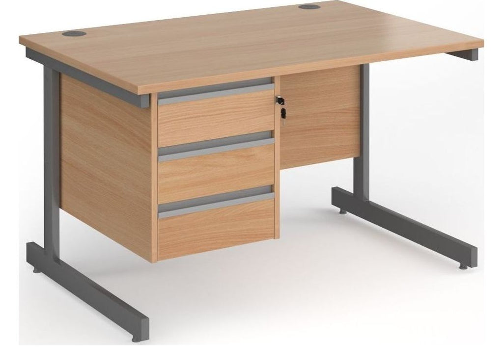 Ledger Contract 25 Cantilever Straight Desk with Three Drawer Pedestal, 1200 x 800, graphite frame, beech top