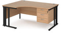 Ledger Maestro 25 Cable Managed Ergonomic Corner Desk with Three Drawer Pedestal, 1600 x 800, left hand, black frame, beech top