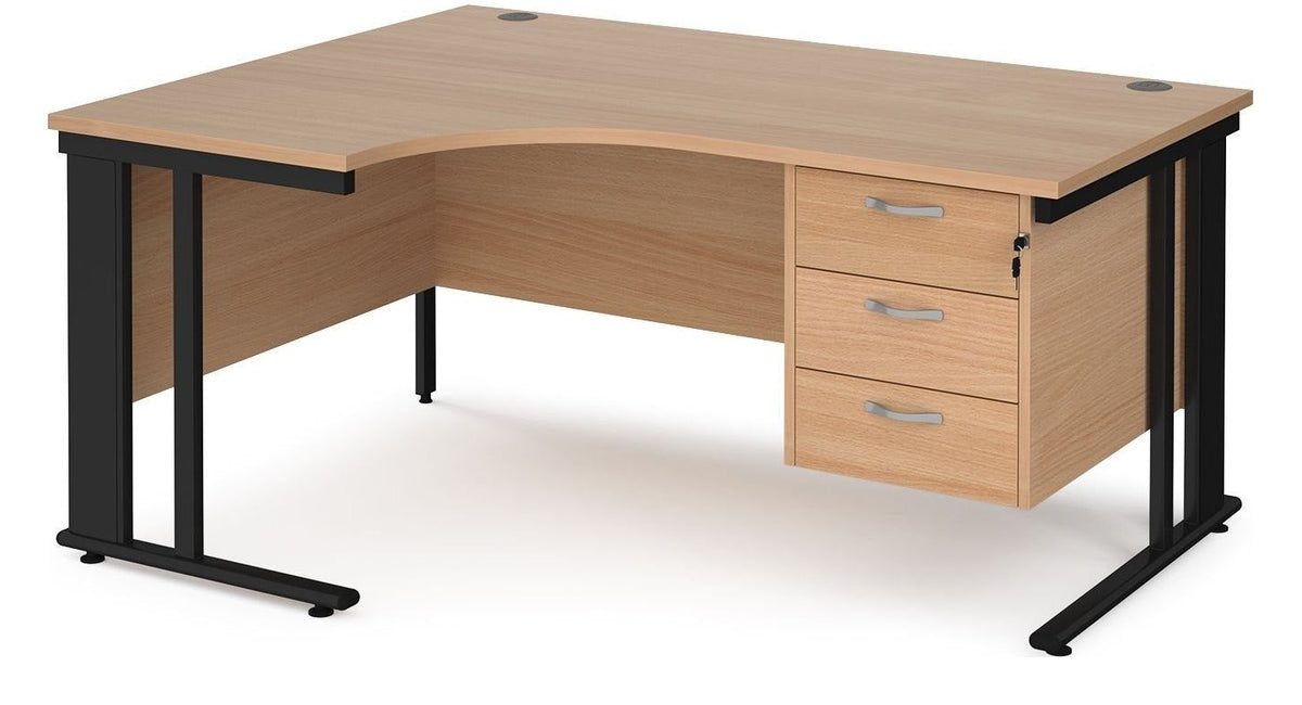 Ledger Maestro 25 Cable Managed Ergonomic Corner Desk with Three Drawer Pedestal, 1600 x 800, left hand, black frame, beech top