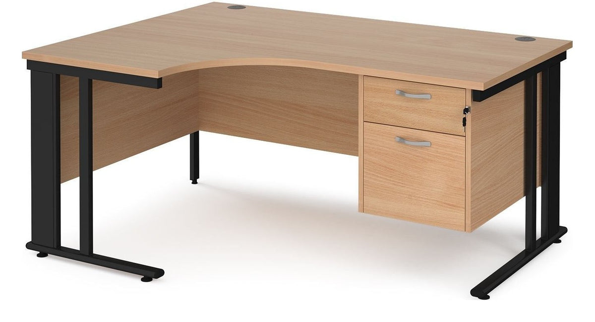 Ledger Maestro 25 Cable Managed Ergonomic Corner Desk with Two Drawer Pedestal, 1600 x 800, left hand, black frame, beech top
