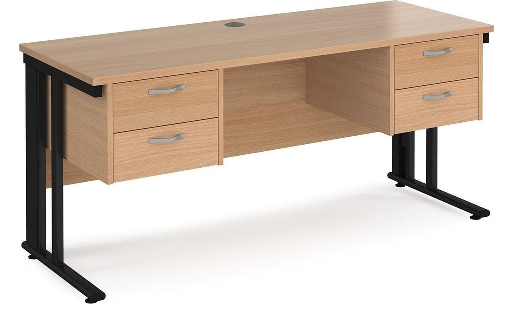 Ledger Maestro 25 Cable Managed Straight Desk with 2 x Two Drawer Pedestals, 1600 x 600, black frame, beech top