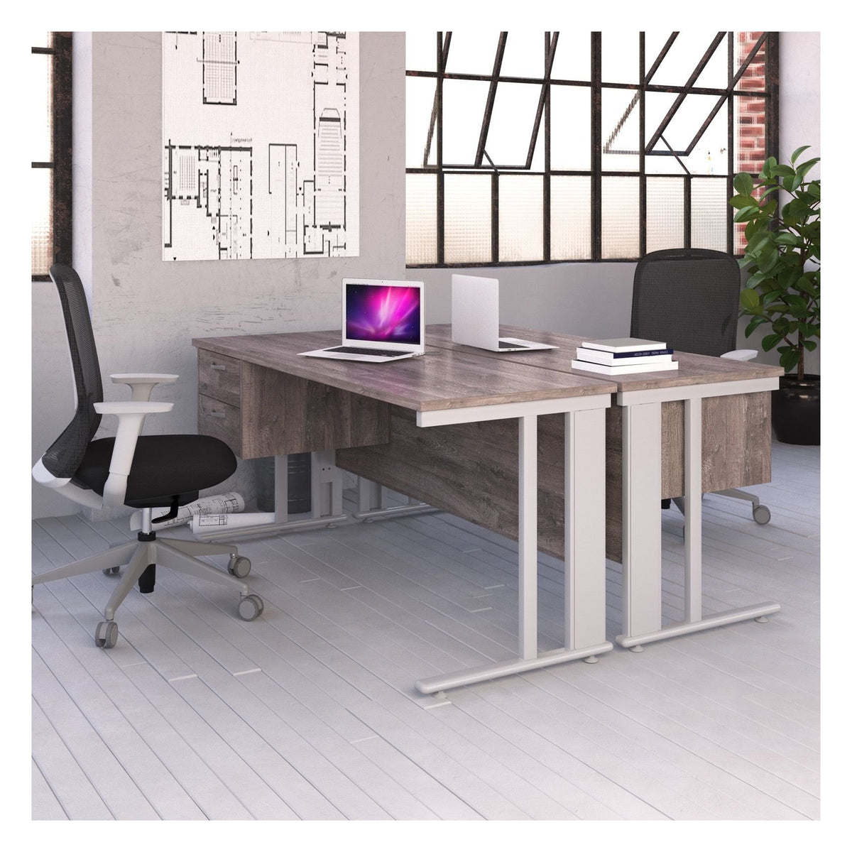 Ledger Maestro 25 Cable Managed Straight Desk with Three Drawer Pedestal, in an office