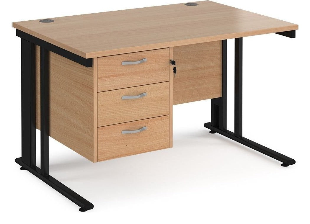 Ledger Maestro 25 Cable Managed Straight Desk with Three Drawer Pedestal, 1200 x 800, black frame, beech top