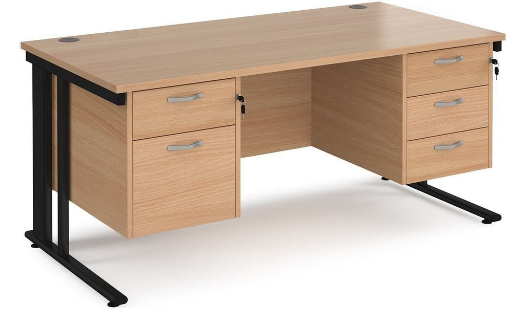 Ledger Maestro 25 Cable Managed Straight Desk with Two and Three Drawer Pedestals, 1600 x 800, black frame, beech top
