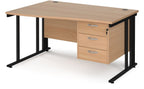 Ledger Maestro 25 Cable Managed Wave Desk with Three Drawer Pedestal, 1400 x 800, left hand, black frame, beech top