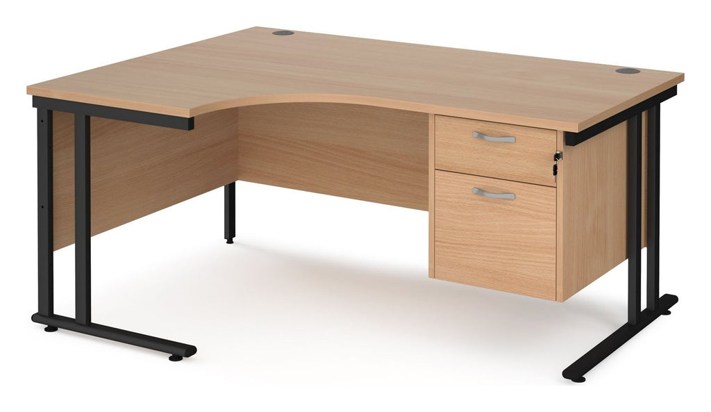 Ledger Maestro 25 Cantilever Ergonomic Corner Desk with Two Drawer Pedestal, 1600 x 800, left hand, black frame, beech top