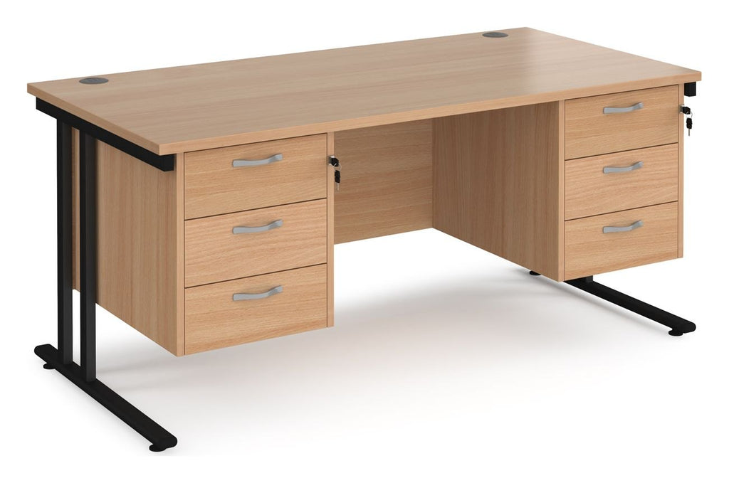 Ledger Maestro 25 Cantilever Straight Desk with 2 x Three Drawer Pedestals, 1600 x 800, black frame, beech top