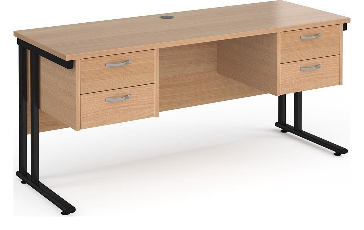 Ledger Maestro 25 Cantilever Straight Desk with 2 x Two Drawer Pedestals, 1600 x 600, black frame, beech top