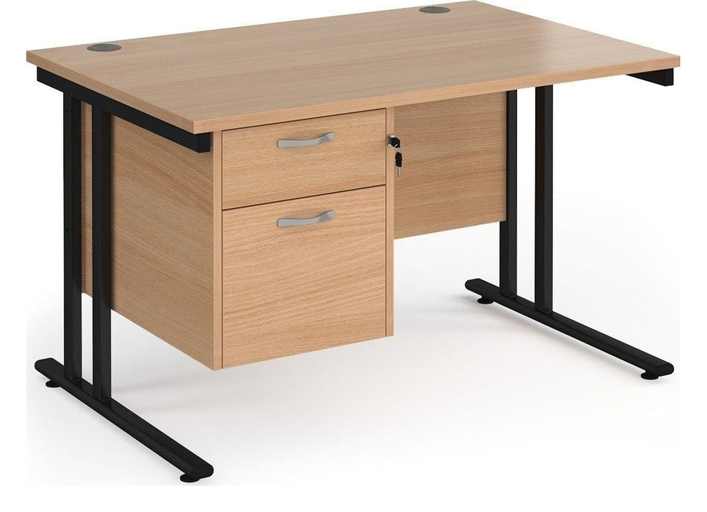 Ledger Maestro 25 Cantilever Straight Desk with Two Drawer Pedestal, 1200 x 800, black frame, beech top