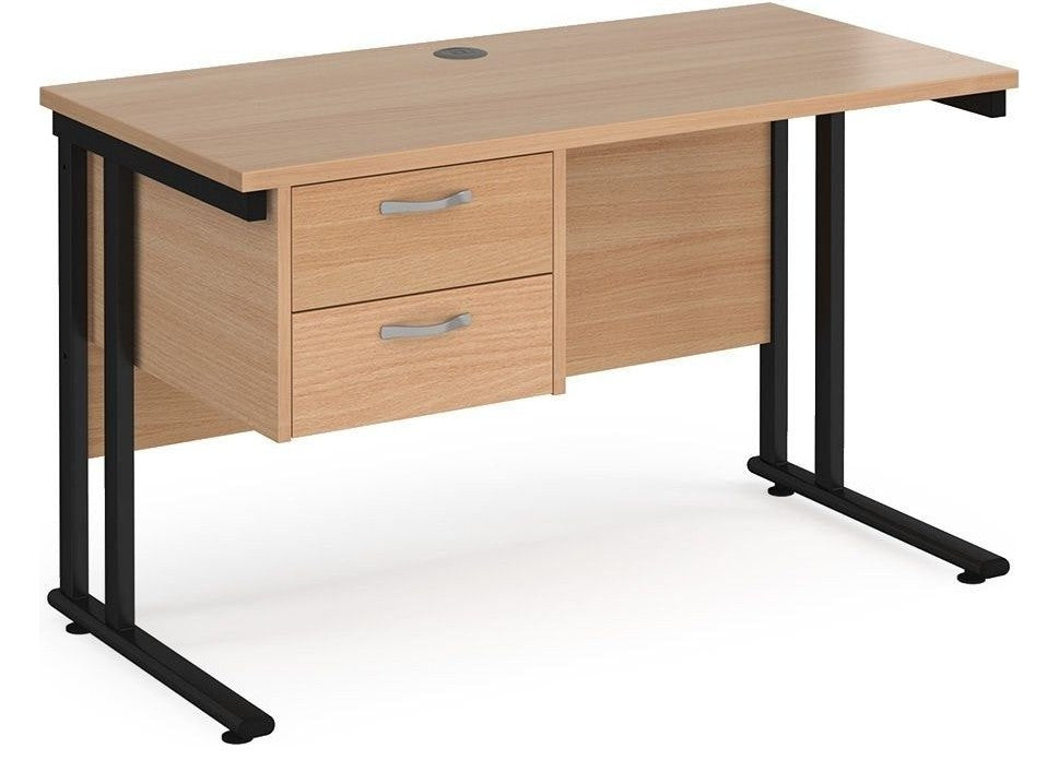 Ledger Maestro 25 Cantilever Straight Desk with Two Drawer Pedestal, 1200 x 600, black frame, beech top