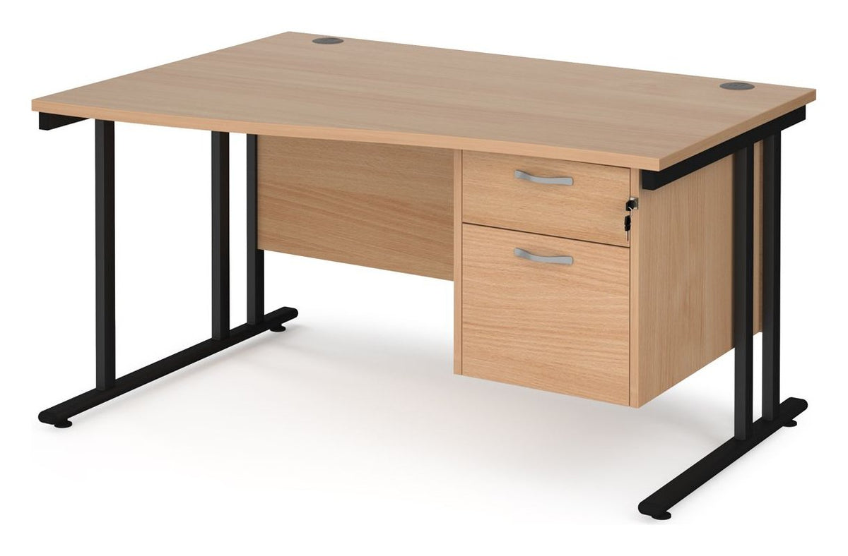 Ledger Maestro 25 Cantilever Wave Desk with Two Drawer Pedestal, 1400 x 800, left hand, black frame, beech top