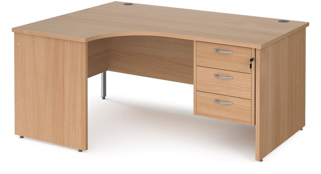 Ledger Maestro 25 Panel End Ergonomic Corner Desk with Three Drawer Pedestal, 1600 x 800, left hand, beech top