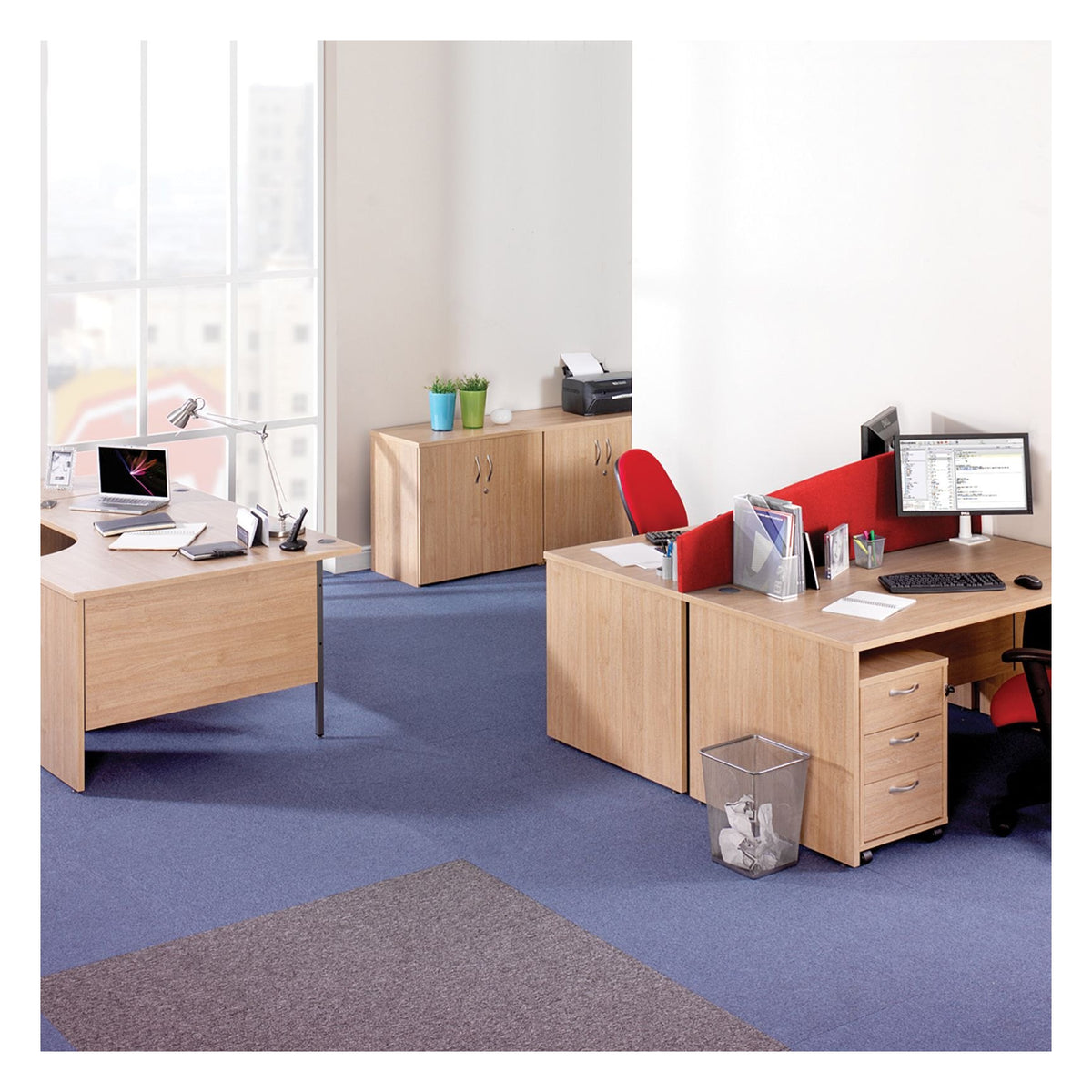 Ledger Maestro 25 Panel End Ergonomic Corner Desk with Two Drawer Pedestal, in an office