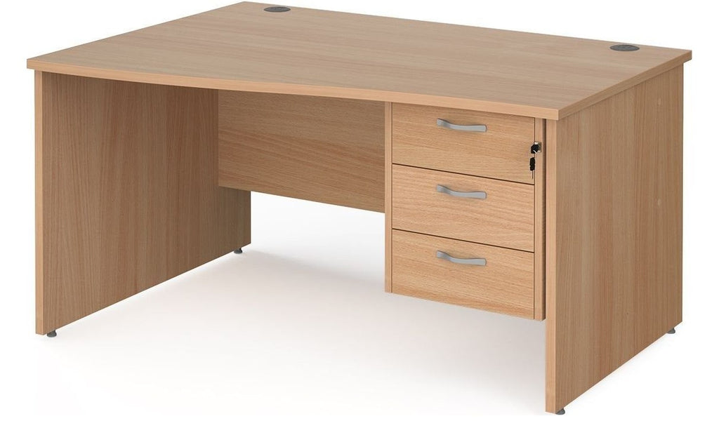 Ledger Maestro 25 Panel End Wave Desk with Three Drawer Pedestal, 1400 x 800, left hand, beech top