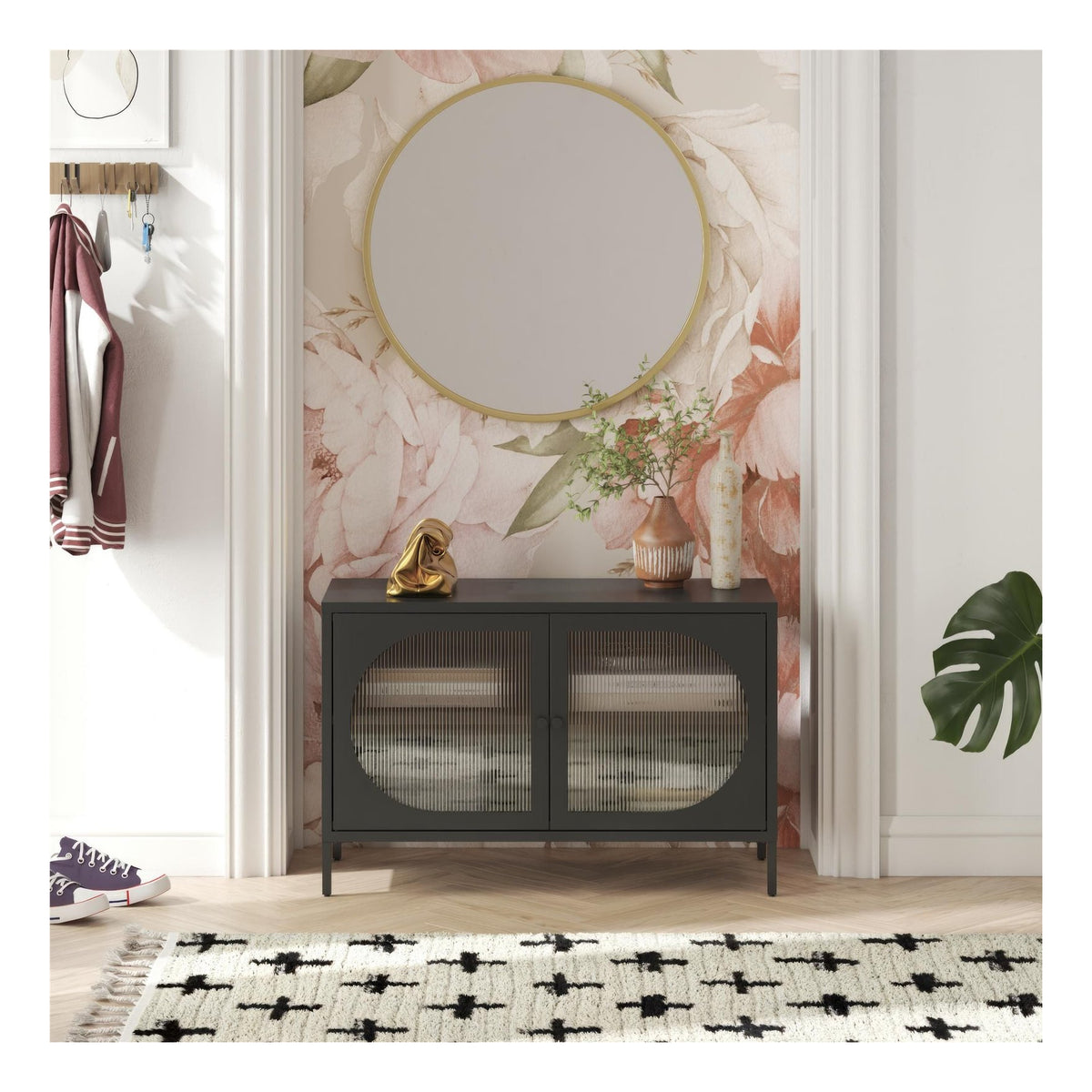Luna Wide Metal Cabinet with Fluted Glass Doors, view 5
