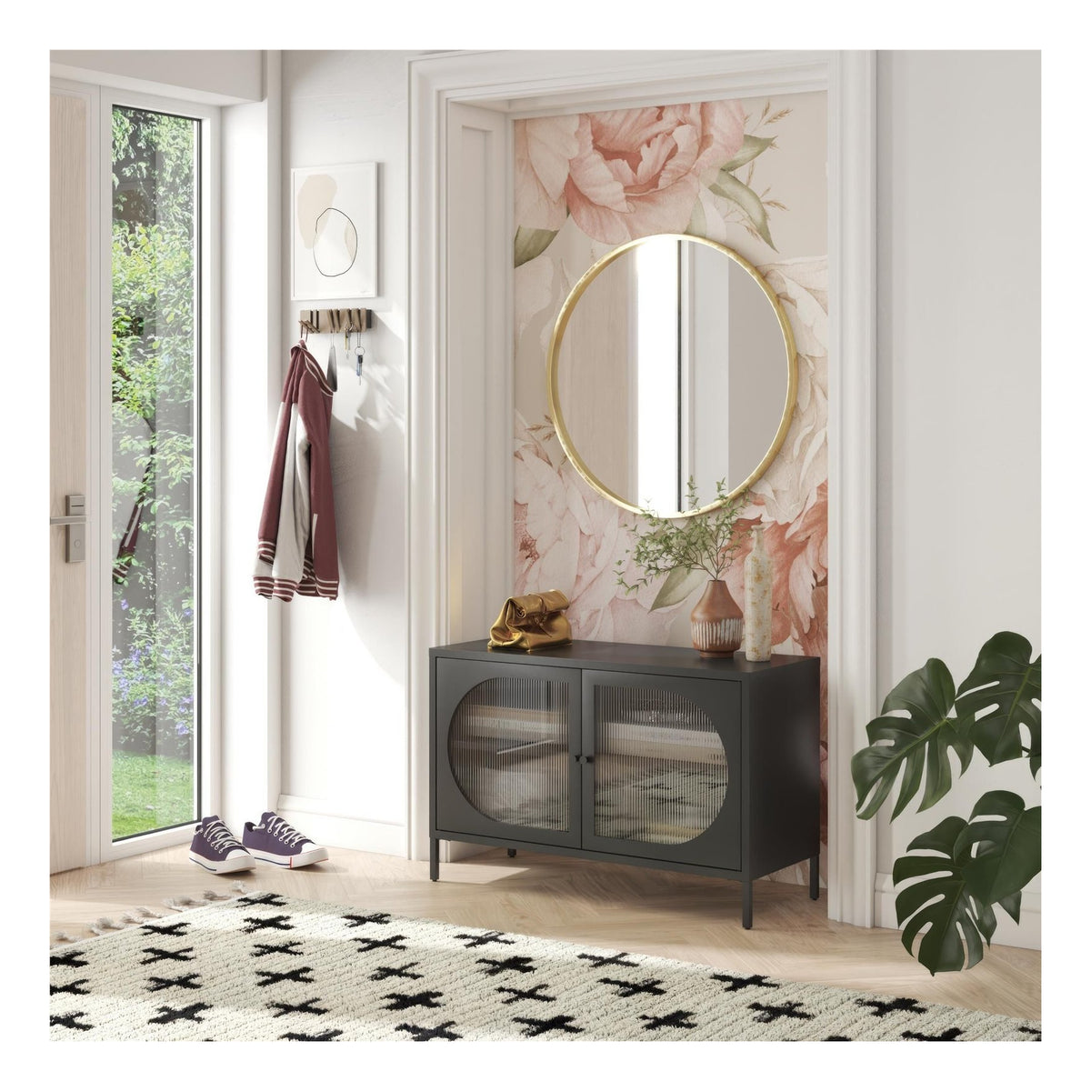 Luna Wide Metal Cabinet with Fluted Glass Doors, view 6