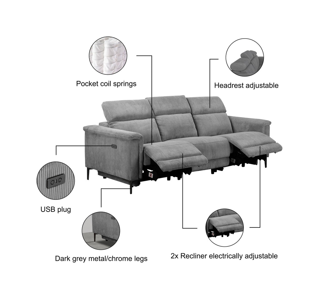 Lund 3 Seater Sofa with 2 Electric Recliners, Corduroy, view 10