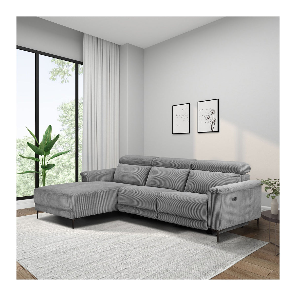Lund L-Shaped Sofa with Chaise and Electric Recliner, Corduroy, view 2