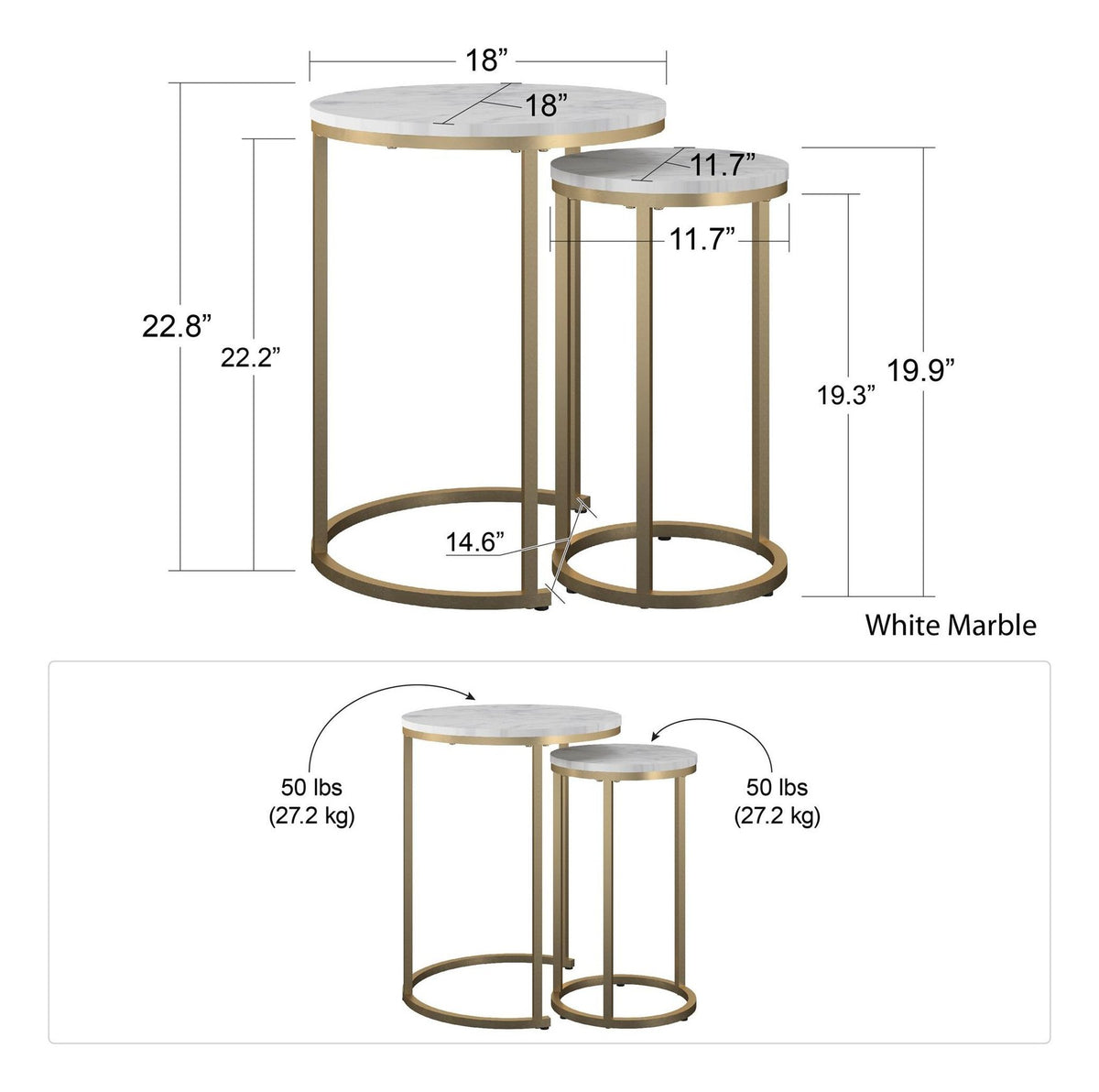 Marble Effect Nesting Tables with Gold Frame, view 3