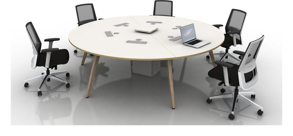 Mason Arthur Circular Cluster Desk with Wood Legs, oak frame