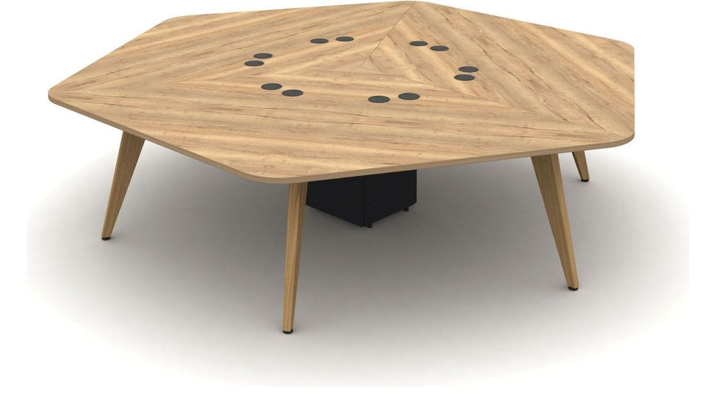 Mason Arthur Polygonal Cluster Desk with Wood Legs, oak frame