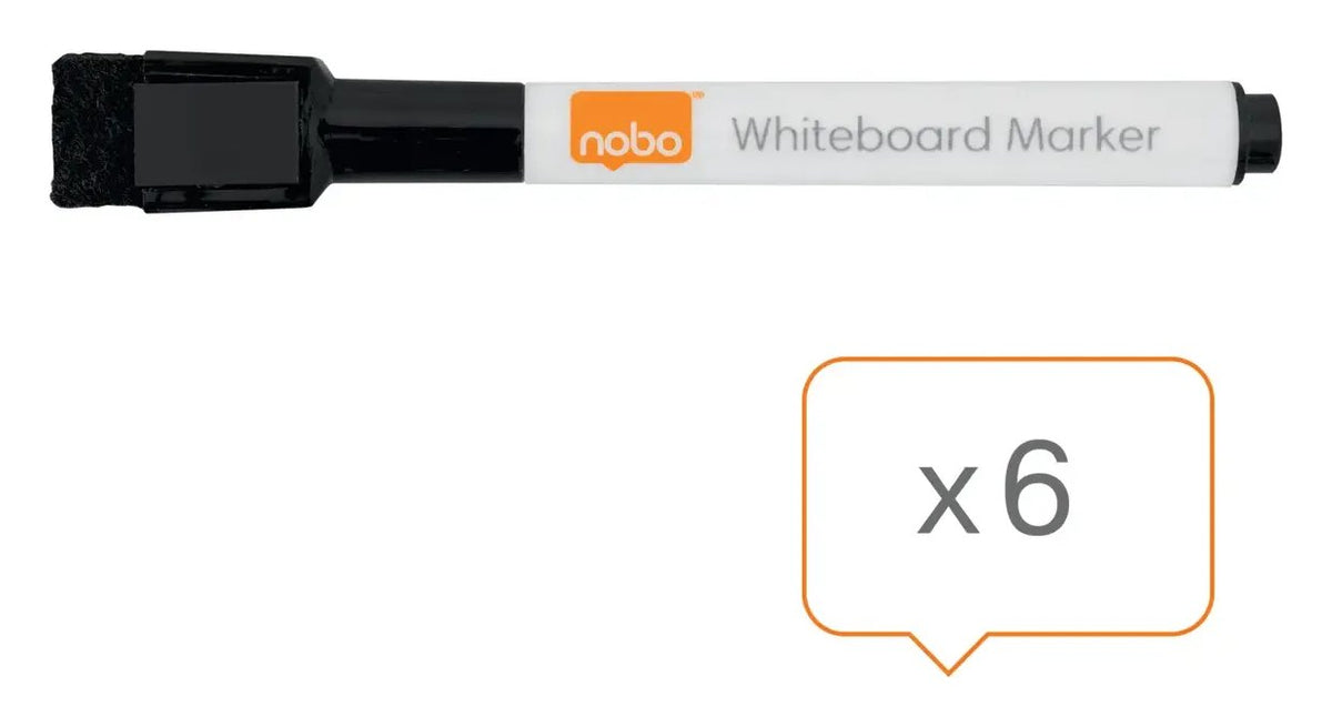 Nobo Mini Whiteboard Pen with Magnetic Eraser Cap 6 Pack, Black, view 2