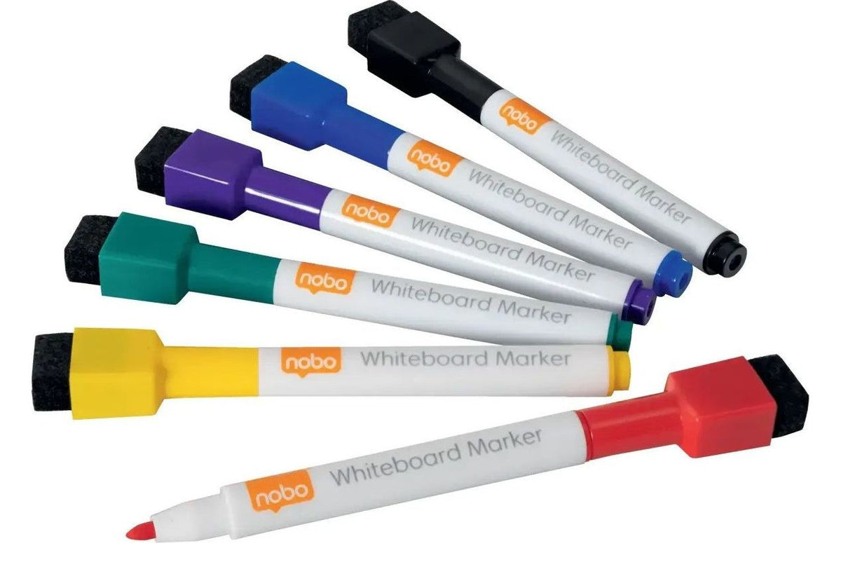 Nobo Mini Whiteboard Pen with Magnetic Eraser Cap Assorted Colours 6 Pack
