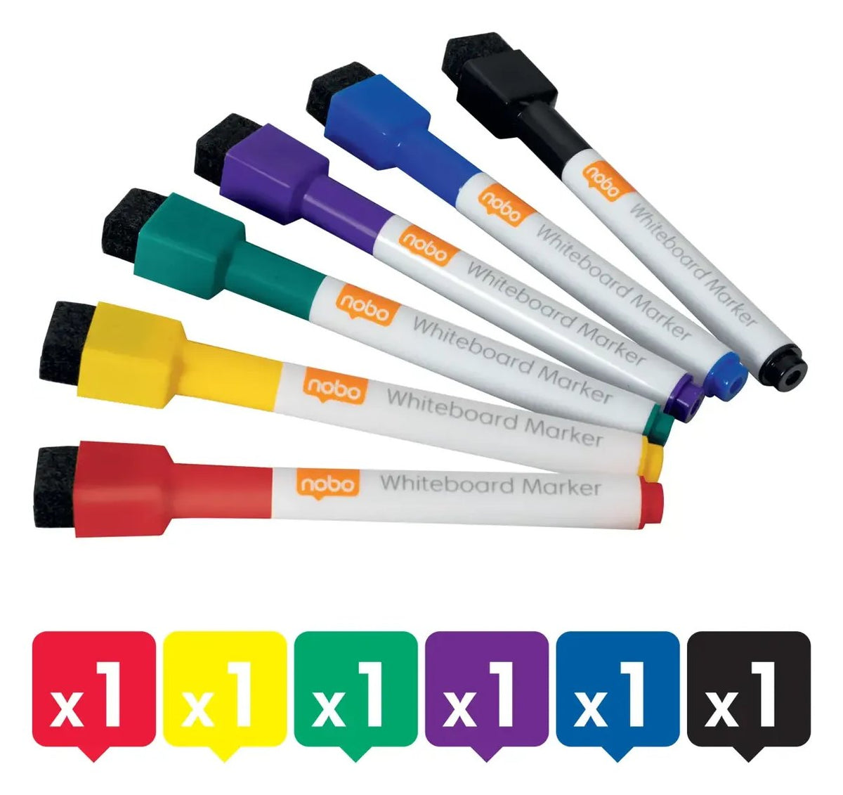 Nobo Mini Whiteboard Pen with Magnetic Eraser Cap Assorted Colours 6 Pack, view 5
